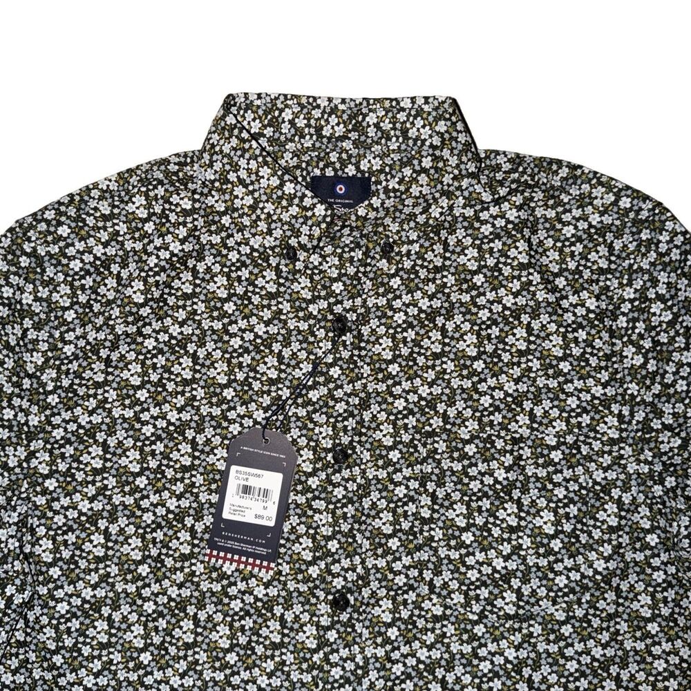 New Ben Sherman Floral Print Shirt Medium Olive Button Up Short Sleeve Men’s Med